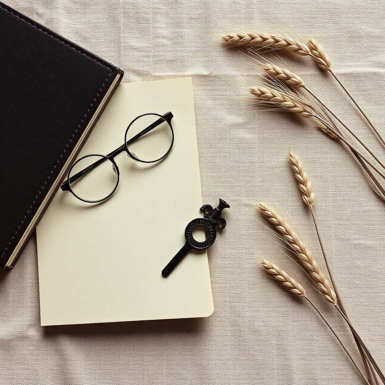 Caderno e óculos